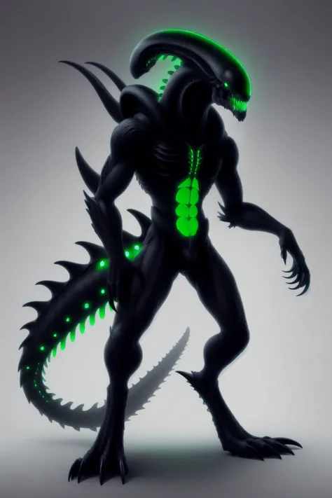 masterpiece, best quality, absurdres, <lora:XenomorphDNA:1> xenomorphdna, 1man, standing, drooling, faceless, claws, looking at viewer, green bioluminescence tattoo, green inner glow,