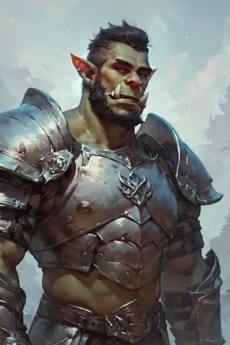 score_9, score_8_up, score_7_up, concept art, realistic, solo, male focus, mature male, orc, green skin, tusks, beard, outdoors, armor, looking at viewer, shoulder armor, breastplate, upper body, closed mouth, pauldrons, night, night sky, standing <lora:Co...