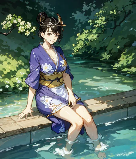 masterpiece, high res, anime screencap, 1woman, solo, mature, mature woman, sitting, evil smile, short hair, black hair, top knot, brown eyes, big breasts, white yukata, wet clothes, submerged in water, bare legs, hair ornament, open bath, outdoors, full b...