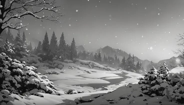 scenery,no humans,outdoors,snow,monochrome,tree,snowing,greyscale,sky,masterpiece,best quality,, masterpiece, best quality,