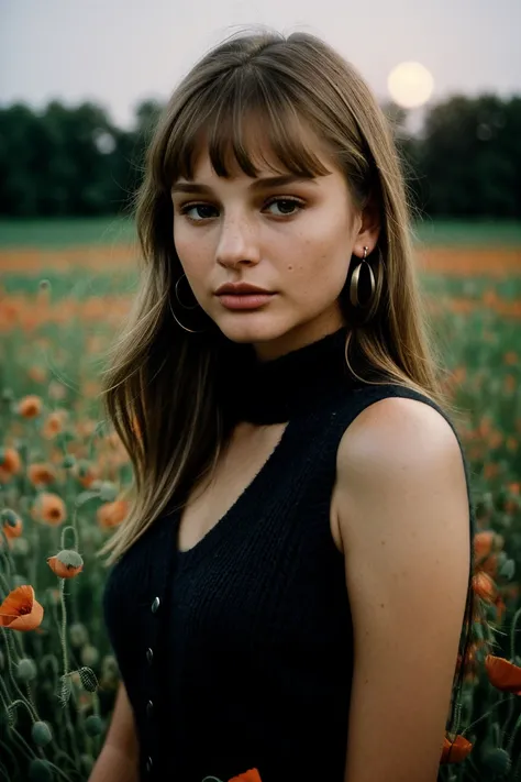 photo of (br1dh4ll-135:0.99), a beautiful woman, perfect blonde hair, (modern photo, Spearmint Fringe knit vest), closeup portrait, 85mm, (analog, cinematic, film grain:1.3), (A tranquil, moonlit field of wild poppies:1.2), detailed eyes, earrings, (seduct...