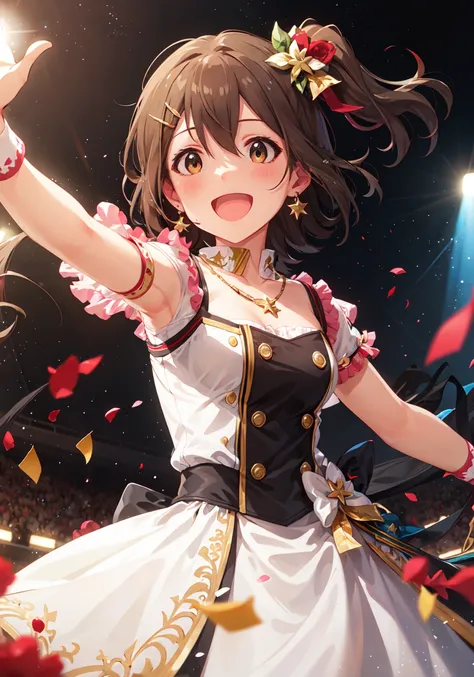 mirai kasuga (million live), (best quality, 8K, masterpiece, ultra detailed:1.2), (cinematic angle), dynamic pose, colorful, splendid, light particles, lens flare, depth of field, blurry, blurry background, multiple others, backlighting, falling petals, co...