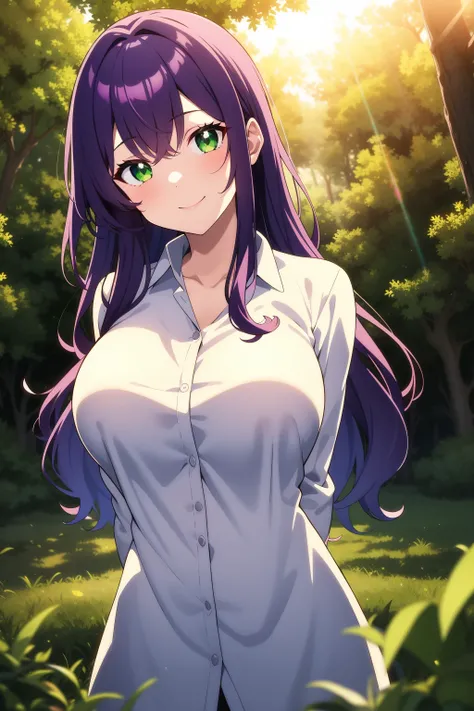 1girl, solo, 
long hair, wavy hair, purple hair, green eyes, large breasts, white shirt, collared shirt, head tilt, light smile, arms behind back, 
forest, sunrise, lens flare, 
masterpiece, best quality,