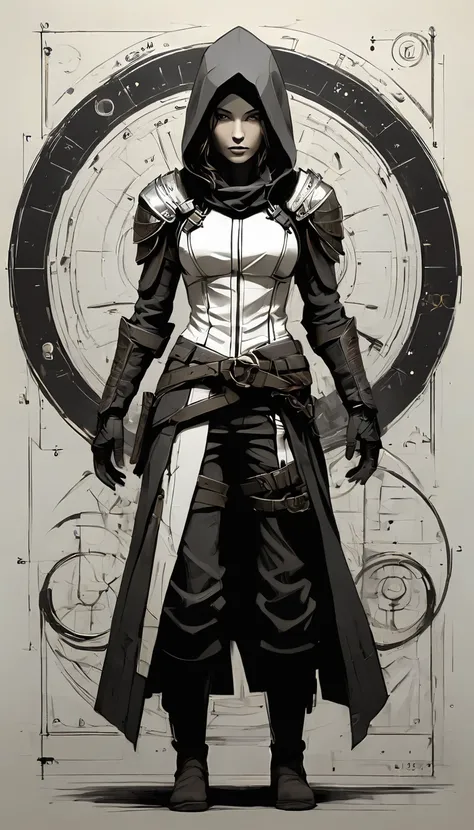 sketch_sheet, a drawing of a Rogue, ((black and white:1.5)), (paper background:1.5) golden ratio, detailed, sharp focus, intricate, still, dynamic, full color, attractive, cinematic, highly saturated colors, surreal, open intriguing, very inspirational, gl...