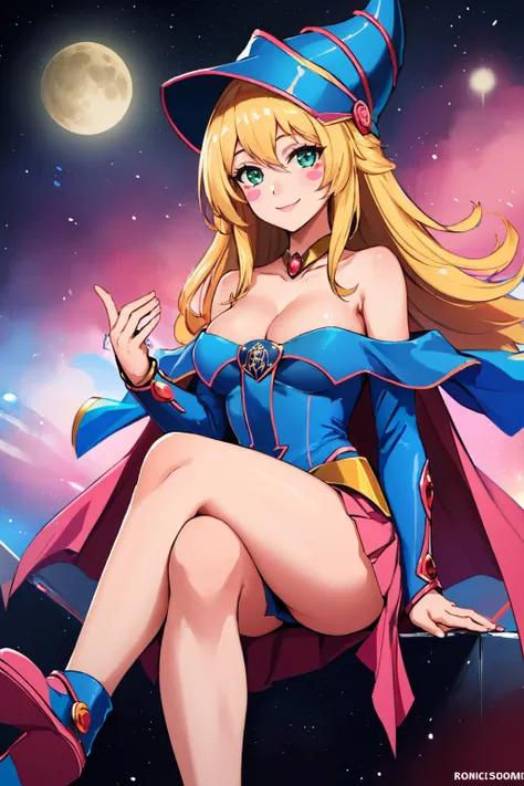 (masterpiece, best quality:1.2), solo, 1girl, darkmagiciangirl, smile, looking at viewer, floating, flying, midair, crossed legs, blush stickers, wizard hat, dress, pink skirt, choker, vambraces, bare shoulders, cleavage <lora:yugioh_darkmagiciangirl-10:1>