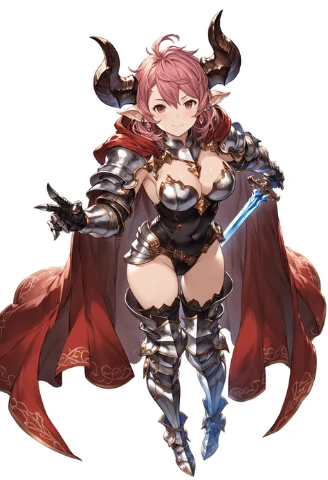 granblue, 1girl, armor, armored_boots, boots, breasts, cape, cleavage, draph, earrings, full_body, gloves, horns, jewelry, leotard, looking_at_viewer, medium_breasts, pink_hair, pointy_ears, red_cape, short_hair, simple_background, solo, sword, thighhighs,...