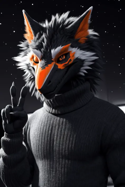 (black body: 1.5),(orange face: 1.6) fluffy, anthro, sergal, solo, male, detailed eyes, (sergal)
dressed, perfect anatomy, turtleneck, sweater, winking at the viewer, one eye closed, star, V sign,
monochrome colors, photorealism, photo, real, realism,