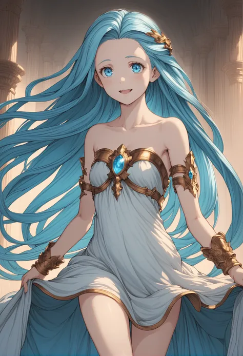 granblue, 1girl, armlet, barefoot, blue_eyes, blue_hair, blush, breasts, collarbone, dress, full_body, jewelry, looking_at_viewer, lyria_(granblue_fantasy), open_mouth, short_dress, simple_background, small_breasts, smile, solo, standing, very_long_hair, w...