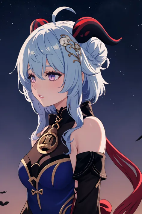 masterpiece, best quality, 1girl, solo, <lora:ganyutwilightblossom-gi-richy-v1:1> ganyutb, horns, ahoge, hair ornament, hair flower, neck bell, dress, detached sleeves, black gloves, parted lips, looking to the side, tired, dark, darkness, night, night sky...