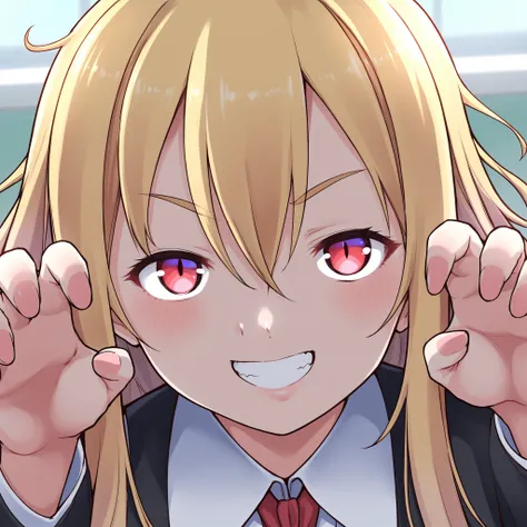 score_9, source_anime, 1girl, blonde hair, long hair, messy hair, close-up, standing, looking at viewer, close-up, straight-on, cross-eyed, blush, portrait, multicolored eyes, naughty face, evil smile, classroom, claw pose, <lora:KanabunXL:0.87>