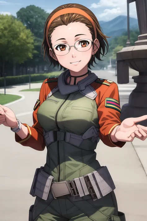 hires, best quality, masterpiece, 1girl, solo, looking at viewer, smile, short hair, brown hair, brown eyes, glasses, hairband, tsugumi_rosenmeier, poses, military outfit, special force uniform, outdoor