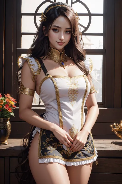 ((masterpiece,best quality,edgQuality)),(smile),standing,posing,
1girl,solo,edgLnF, golden embroidery, pauldrons,wearing edgLnF,edgApron, a woman in a maid apron holding a hair brush ,wearing edgApron
 <lora:edgLnFApronsv1:1>