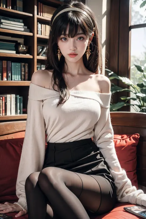 yor briar,1girl,bangs,black pantyhose,book,bookshelf,breasts,cleavage,coffee,coffee mug,cup,earrings,gold earrings,gold hairband,hairband,jewelry,long hair,long sleeves,looking at viewer,medium breasts,mug,off-shoulder sweater,off shoulder,out of frame,pan...