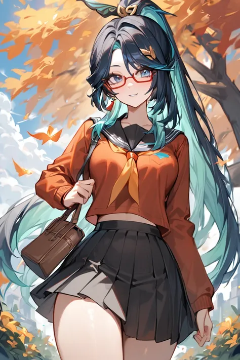 masterpiece, best quality, ultra detailed, BREAK 
1girl, solo, female, xianyunexp, blue eyes, multicolored hair, ponytail, hair ornament, glasses, earrings, 
school unifrom, serafuku, skirt, , light smile, outdoors, looking at viewer, cowboy shot, colorful...