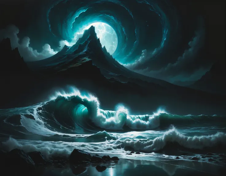 dark (impressionism:1.3) (painting) of atlantis getting swallowed by a tsunami