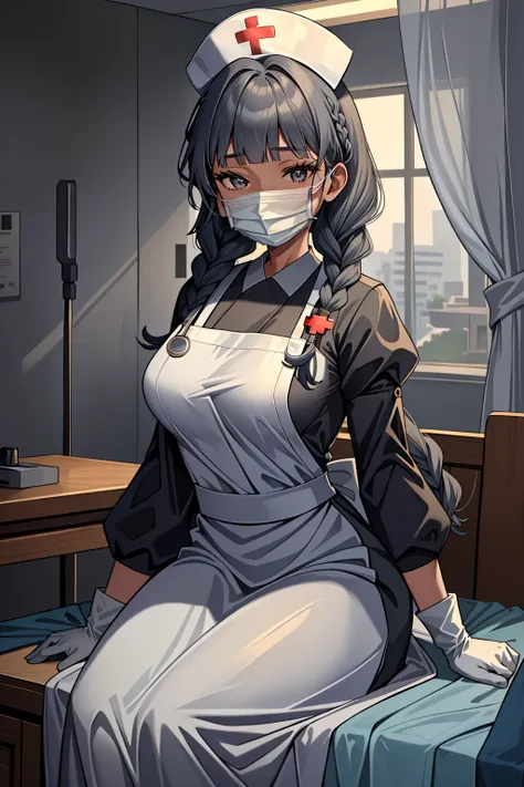 ((masterpiece, best quality, high quality)),1girl,<lora:infirmary_v0.1:0.5> (infirmary),  <lora:Fumiko Kubo:0.7> (1girl, 3dcg 04, bangs, blunt bangs, dark skin, dark-skinned female, fumiko kubo, grey eyes, grey hair, medium breasts, side braids, sidelocks,...