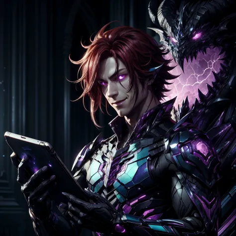 <lora:DraconicTech-15:0.8> draconictech, scifi,obsidian , iridescent,   <lora:add_detail:0.5>
scholar , scroll, 1boy,long hair, red hair, glowing eyes, smile ,closed mouth, multicolored hair, holding a tablet