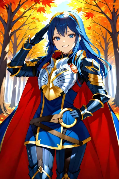 masterpiece, best quality, solo, 1girl, <lora:lucina-xl-nvwls-v1-000008:0.9> brvLucy, tiara, cape, breastplate, full armor, gauntlets, armored legwear, salute, hand on hip, autumn, forest, grin, looking at viewer