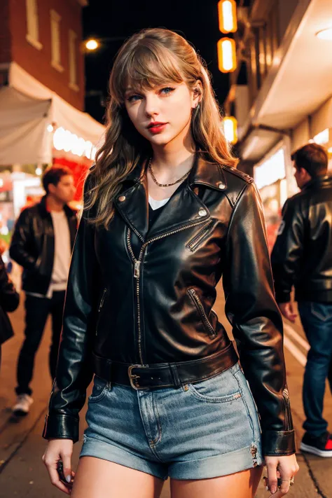 taylorswift, a woman wearing leather jacket and ripped jeans, street market, (soft diffused lighting:0.5), lipstick  <lora:taylorswift:1>