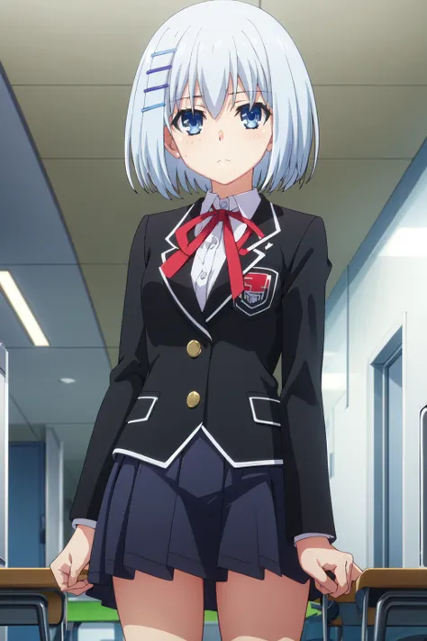 <lora:anime_screencap_v2:0.3> tall body, tall, long legs, mature female, mature, adult, <lora:GoodHands-beta2:1.4>,
 <lora:eft_dal_origami-02:1> , Eft_DAL_Origami, 1girl, school uniform, blue eyes, hair ornament, short hair, hairclip, blazer, jacket, ribbo...