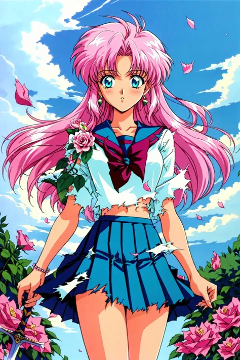 RetroAnime Style, 1girl, solo, long hair, blue eyes, skirt, school uniform, weapon, pink hair, flower, sky, serafuku, day, sword, cloud, torn clothes, rose, green skirt, pink flower, retro artstyle, pink rose, 1990s (style), torn skirt, green sailor collar...