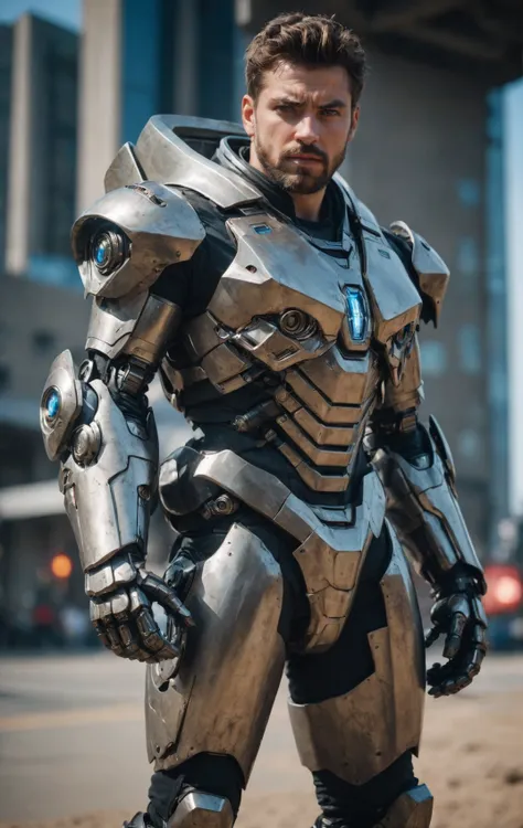 (masterpiece, best quality, ultra-detailed, best shadow), cinematic film still, realistic, man wearing a high tech scifi armor, mecha armor, male focus, armor, solo, facial hair, cape, beard, looking at viewer, blue eyes, blurry background, power armor, re...