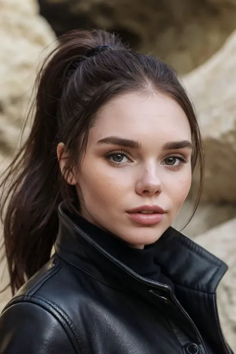 closeup headshot of S313_AnastasiaDurkot,a beautiful woman,in a (cave:1.1),wearing a (leather-coat:1.1),(ponytail),(4k, RAW photo, best quality, depth of field, ultra high res:1.1),(absurdres, intricate, photorealistic, masterpiece, ultra-detailed:1.1),