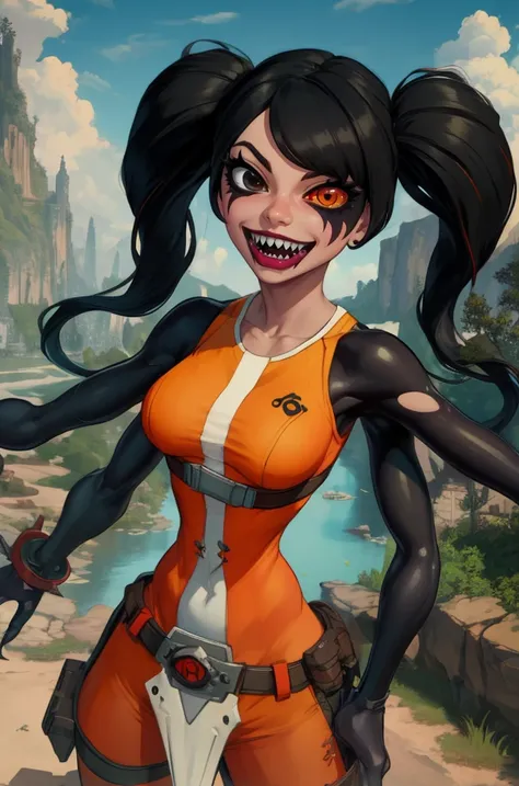 orendi,heterochromia,black hair,twintails,toned,
sleeveless,orange attire,black arms,extra arms, four arms, multiple arms
sharp teeth,smile,
standing,
outdoors,
(insanely detailed, beautiful detailed face, masterpiece, best quality),<lora:orendi102:0.8>,