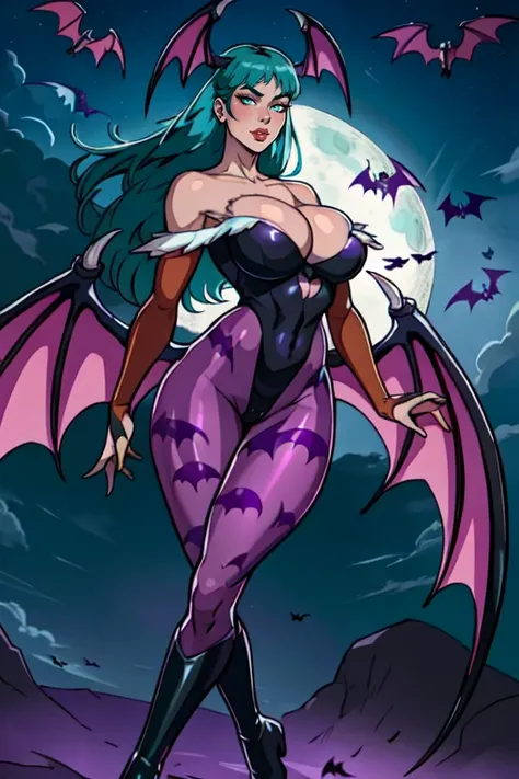 masterpiece,best quality,extreme detail,8k,<lora:morrigan-10:0.8>,morrigan2,1girl,solo,long hair,breasts,looking at viewer,bangs,large breasts,cleavage,bare shoulders,green eyes,collarbone,pantyhose,boots,green hair,wings,sky,signature,black footwear,leota...