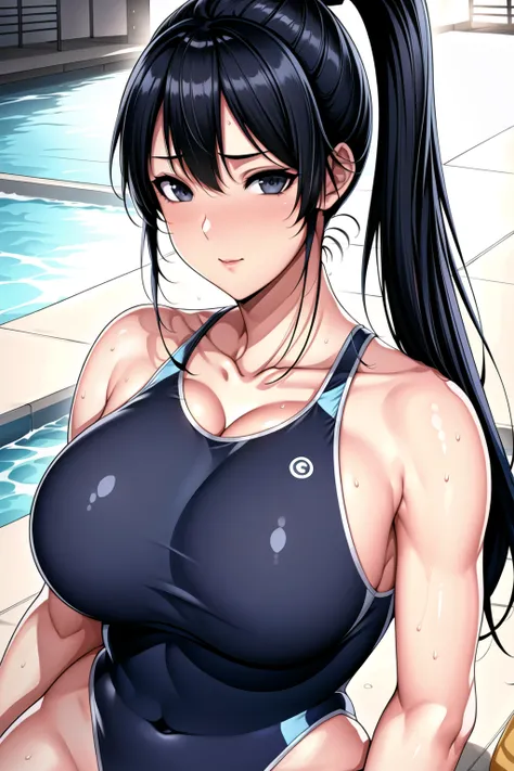 water, pool,
competition school swimsuit,one-piece swimsuit,blue bikini,
collarbone, cleavage, bare shoulders, covered navel, 
<lora:Shiramine_Kuou_AngelAcademy-KK77-V3:0.7>,
Black eyes, Black hair,bangs, Long_hair, High ponytail,
<lora:Oda_Non_Style-KK77-...