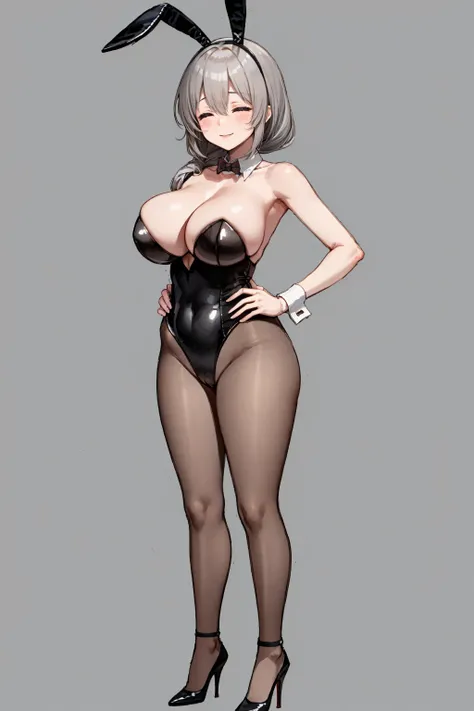 masterpiece, best quality, 1girl, uzakitsuki, grey hair, hair between eyes, hair over shoulder, closed eyes, mature female, large breasts,
fake rabbit ears, bangs, bare shoulders, black leotard, red bowtie, large breasts, brown pantyhose, cleavage, collarb...