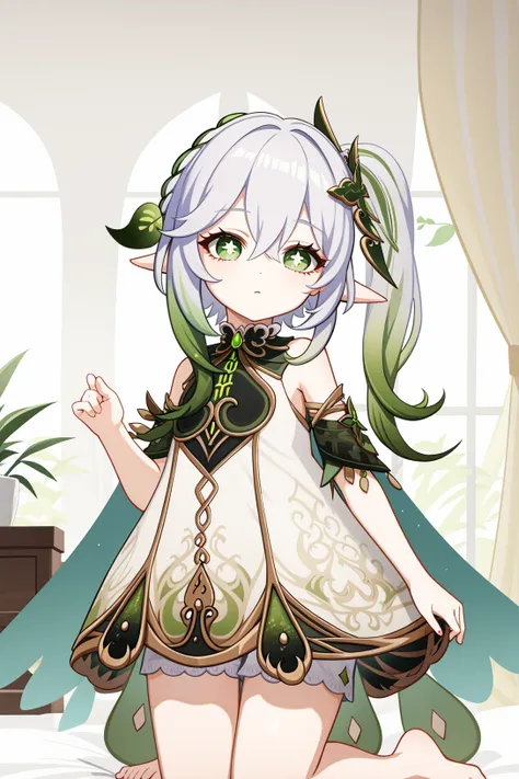 <lora:çº³è¥¿å¦²2-000009:1>,a girl named nahida,nahida,pointy ears,bangs,1girl,white hair,hair ornament,gradient hair,symbol-shaped pupils,green hair,white dress,jewelry,green eyes,detached sleeves,leaf hair ornament,<lora:genshinImpactModel_v10:0.3:lbw=MID...