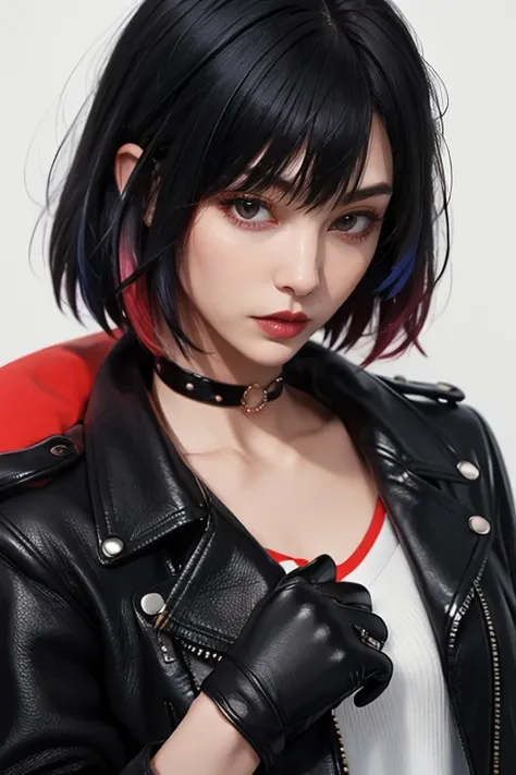 <lora:cervine-v2:0.8>,
Very cool,1girl,solo,black hair,leather,(multicolored hair:1.2),Red gradient hair,gloves,looking at viewer,leather jacket,realistic,short hair,jacket,jewelry,red hair,ring,black eyes,choker,white background,simple background,lips,whi...