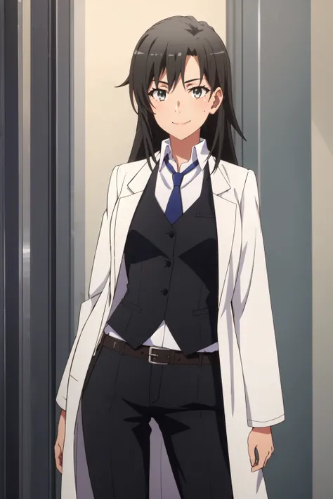 <lora:anime_screencap_v2:0.3> tall body, tall, long legs, mature female, mature, adult, <lora:GoodHands-beta2:1.4>,
 <lora:eft_oregairu_shizuka-02:0.8> Eft_Oregairu_Shizuka, 1girl, solo, necktie, long hair, smile, belt, black hair, grey eyes, vest, shirt, ...