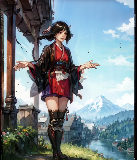 masterpiece, anime screencap, 1 girl, solo, short hair, long sidebang, braid, brwon hair, brown eyes, hair hornament, japanese clothes, haori, thigh boots, full body, standing, outdoors, mountain, cowboy shot  <lora:Oka:1>