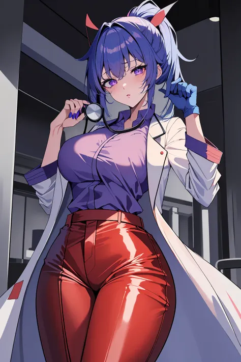 ((masterpiece, best quality, high quality)),1girl,<lora:infirmary_v0.1:0.5> (infirmary), <lora:Valerie Kato:0.7> (valerie kato, ocg:0002, 1girl, blue hair, bangs, purple eyes, nail polish, red nails, folded ponytail, large breasts), <lora:brwn_doctor_unifo...