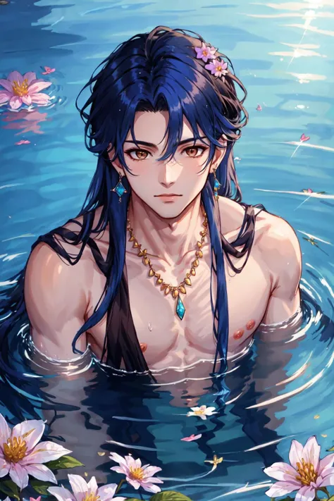 long hair, looking at viewer, 1boy, brown eyes, jewelry, blue hair, collarbone, flower, male focus, earrings, solo focus, water, ring,