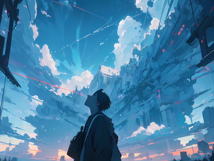 A person gazing up at a mesmerizing sky filled with vibrant colors, intricate light patterns, and floating elements. The sky is dominated by blues and whites, with touches of other colors creating a dreamlike atmosphere. The person is silhouetted against t...
