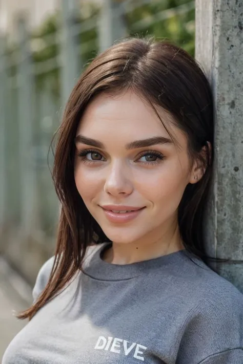 closeup headshot of S313_AnastasiaDurkot,an attractive woman,in front of a (barbed-wire-wall:1.1),wearing a (crewneck-sweatshirt:1.1),(smiling),(4k, RAW photo, best quality, depth of field, ultra high res:1.1),(absurdres, intricate, photorealistic, masterp...