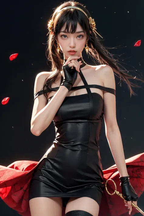 yor briar,1girl,backlighting,bare shoulders,black background,black dress,black gloves,black hair,blood,blood on face,blood on weapon,breasts,closed mouth,cowboy shot,dress,earrings,expressionless,fingerless gloves,floating hair,floral print,flower,gloves,g...