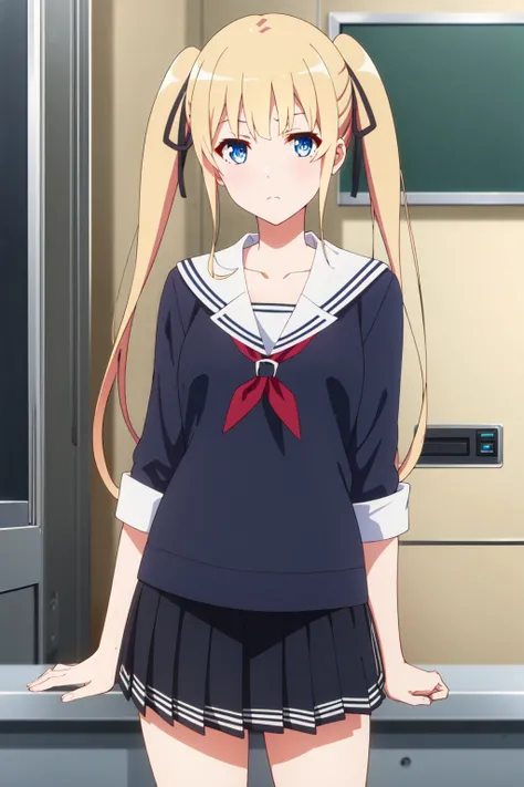 <lora:anime_screencap_v2:0.3> tall body, tall, long legs, mature female, mature, adult, <lora:GoodHands-beta2:1.4>,
 <lora:eft_sae_blonde-02:0.8> eft_saekano_blonde, 1girl, sawamura spencer eriri, blonde hair, solo, blue eyes, twintails, long hair, school ...