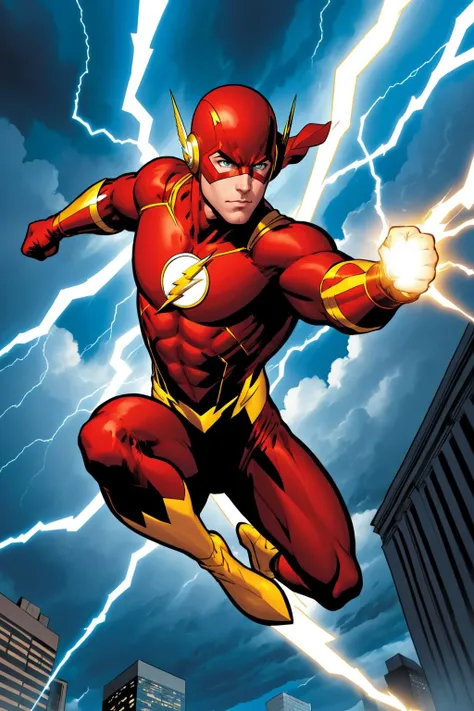iboy, male focus, solo, looking at viewer, red body suit, lightning bolt symbol, flying through the sky, fight pose, thunderstorm, gold eyes, hooded body suit, the flash, dc comics, lightning bolt streaks, lightning fast, outdoors, city, sky, clouds,art by...