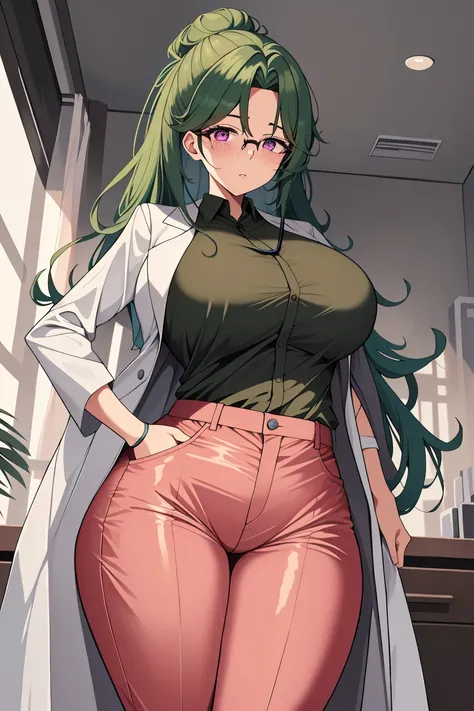 ((masterpiece, best quality, high quality)),1girl,<lora:infirmary_v0.1:0.5> (infirmary),  <lora:Camilla Kloudiam:0.7> (camilla kloudiam, ocg:0001, 1girl, green hair, glasses, pink eyes, freckles, single hair bun, large breasts, mature female), <lora:brwn_d...