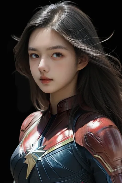 <lora:Amia:0.8>,Round face,Kawaii,1girl,solo,realistic,long hair,black hair,looking at viewer,simple background,lips,brown eyes,portrait,closed mouth,(black background:1.3),<lora:cptmarvel-nvwls-v1:1>, cptMarvel,bodysuit,red gloves,belt,