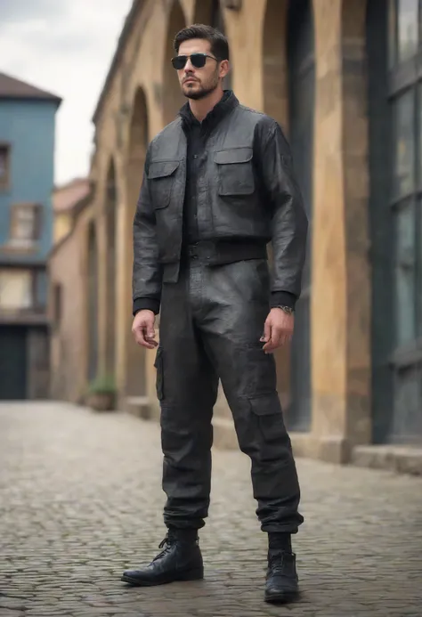 DonM1uth3rXL man,in front of a 3g3Kl0st3rXL portal,liquid metal texture    black ar-embedded cargo pants, neural interface leather robotic work jacket, levitating sandals,         <lora:myLoraDonM1uth3rXL-000008><lora:myLora3g3Kl0st3rXL-000006:0.6>,