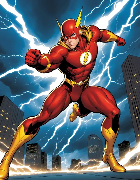 iboy, male focus, solo, looking at viewer, red body suit, lightning bolt symbol, flying through the sky, fight pose, thunderstorm, gold eyes, hooded body suit, the flash, dc comics, lightning bolt streaks, lightning fast, outdoors, city, sky, clouds,art by...