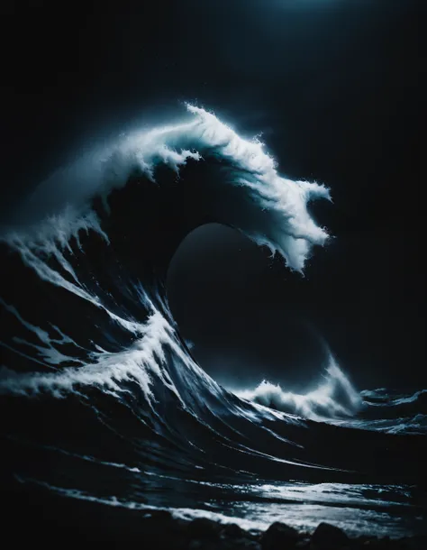 dark photo of a tsunami, crashing wave, (tsunami:1.3), The Great Wave off Kanagawa, chiaroscuro, dark, low-key,