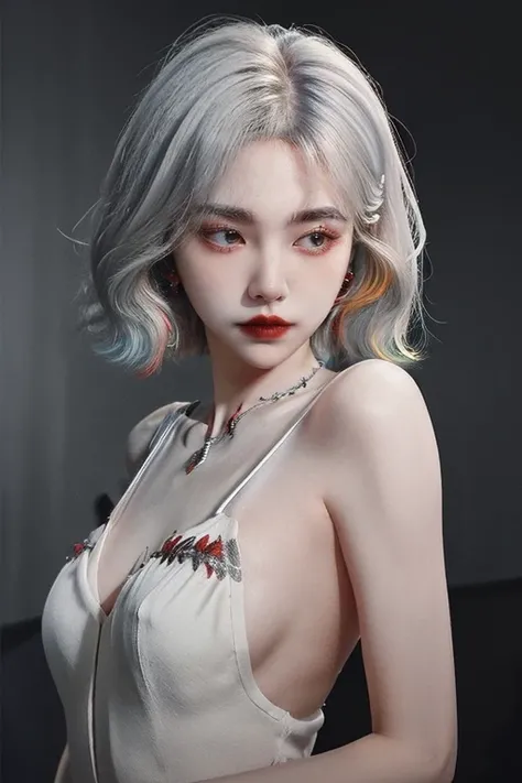 <lora:cervine:0.8>,
very cool,1girl,jewelry,multicolored hair,Silver hair,white hair,solo,necklace,short hair,upper body,earrings,red lips,looking away,bare shoulders,looking to the side,makeup,lipstick,