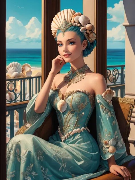 High Fantasy Art smile, sitting, deep in thought, hand on chin,  Faux Hawk with Skin Fade, (portrait:1.3) s34sh3ll_1,  long dress made of seashells, <lora:s34sh3ll_1-16:0.6>, headdress, best quality, high detail, high quality, high res, (balcony), High Fan...