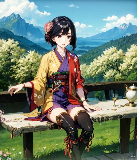 masterpiece, anime screencap, 1 girl, solo, short hair, long sidebang, braid, brwon hair, brown eyes, hair hornament, japanese clothes, haori, thigh boots, full body, sitting, tea shop, outdoors, mountain, cowboy shot  <lora:Oka:1>